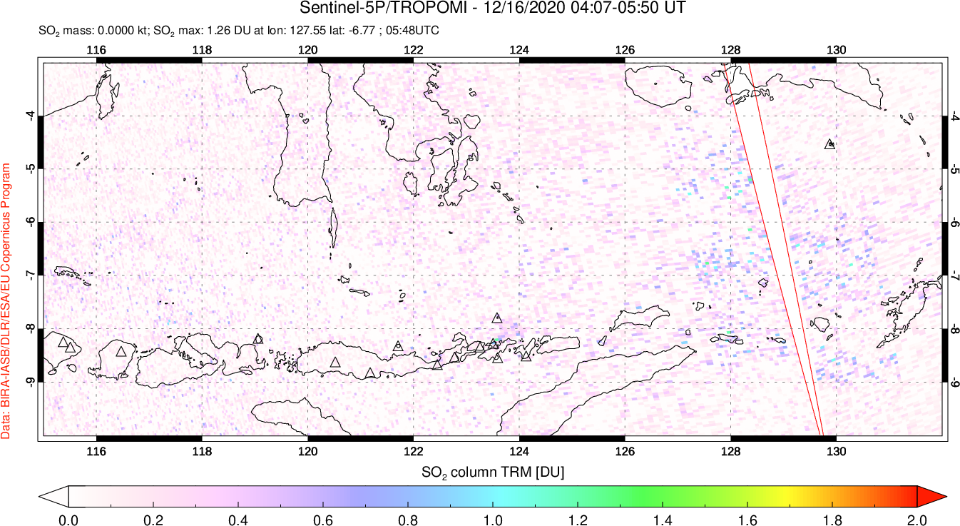 A sulfur dioxide image over Lesser Sunda Islands, Indonesia on Dec 16, 2020.