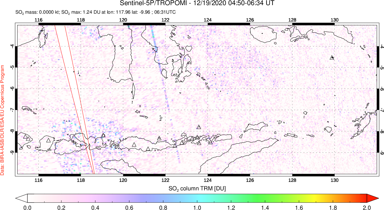 A sulfur dioxide image over Lesser Sunda Islands, Indonesia on Dec 19, 2020.
