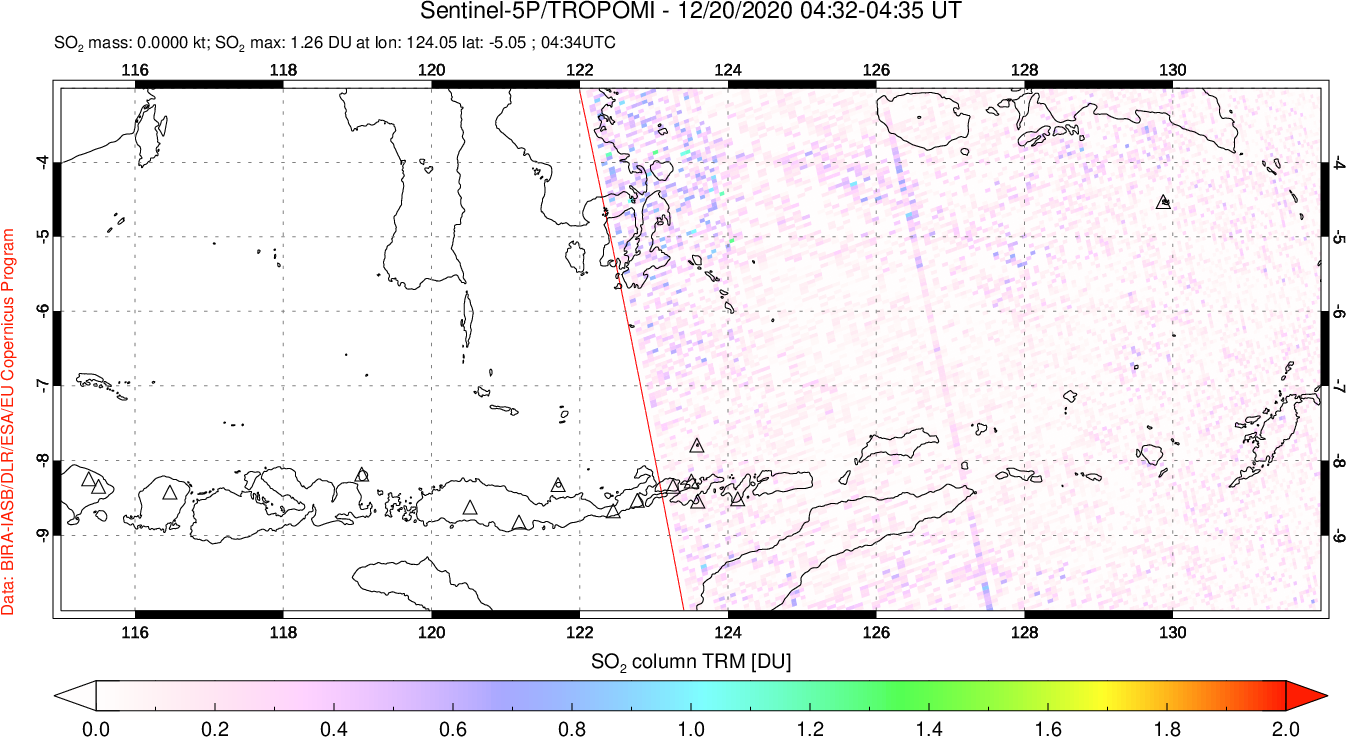 A sulfur dioxide image over Lesser Sunda Islands, Indonesia on Dec 20, 2020.