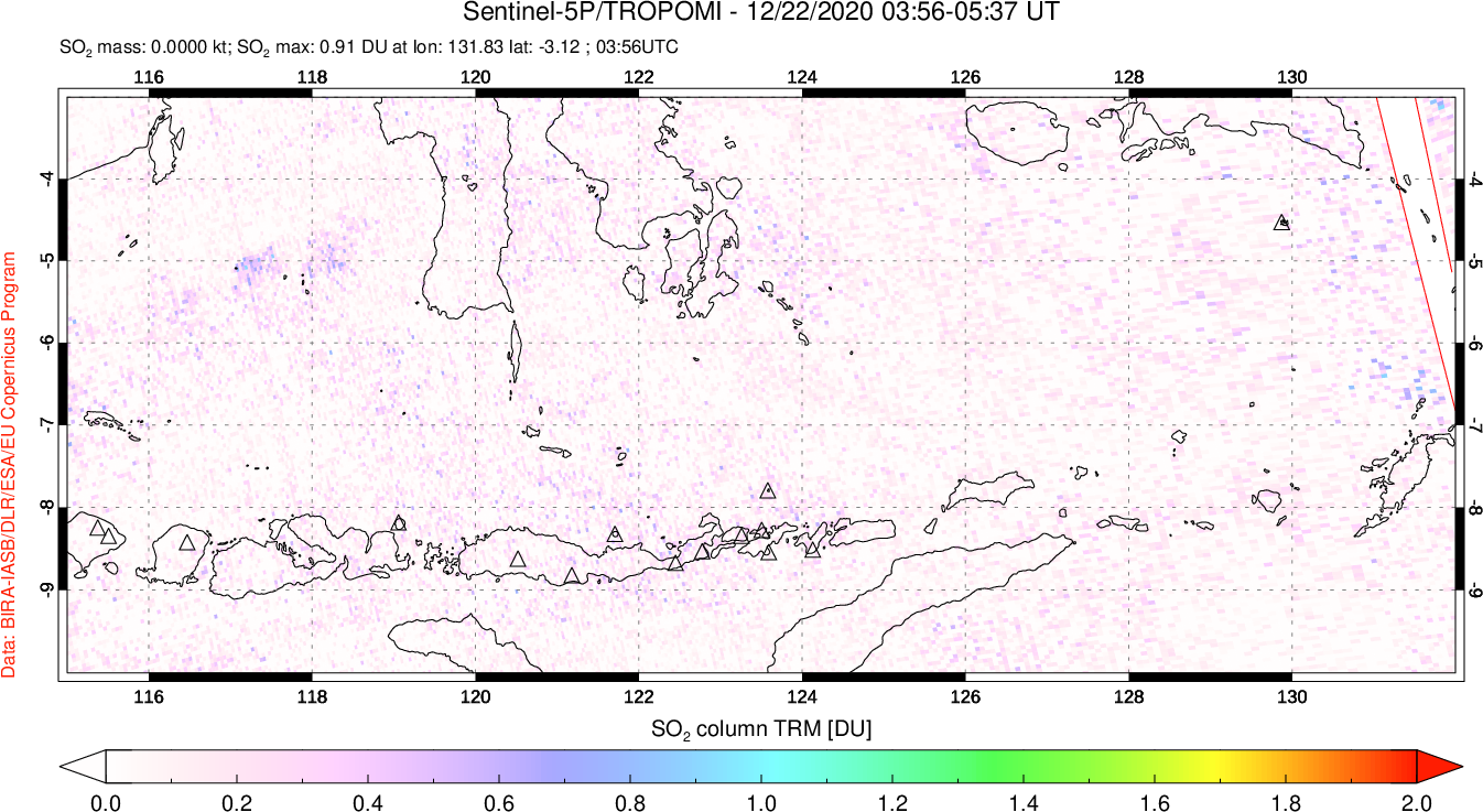 A sulfur dioxide image over Lesser Sunda Islands, Indonesia on Dec 22, 2020.