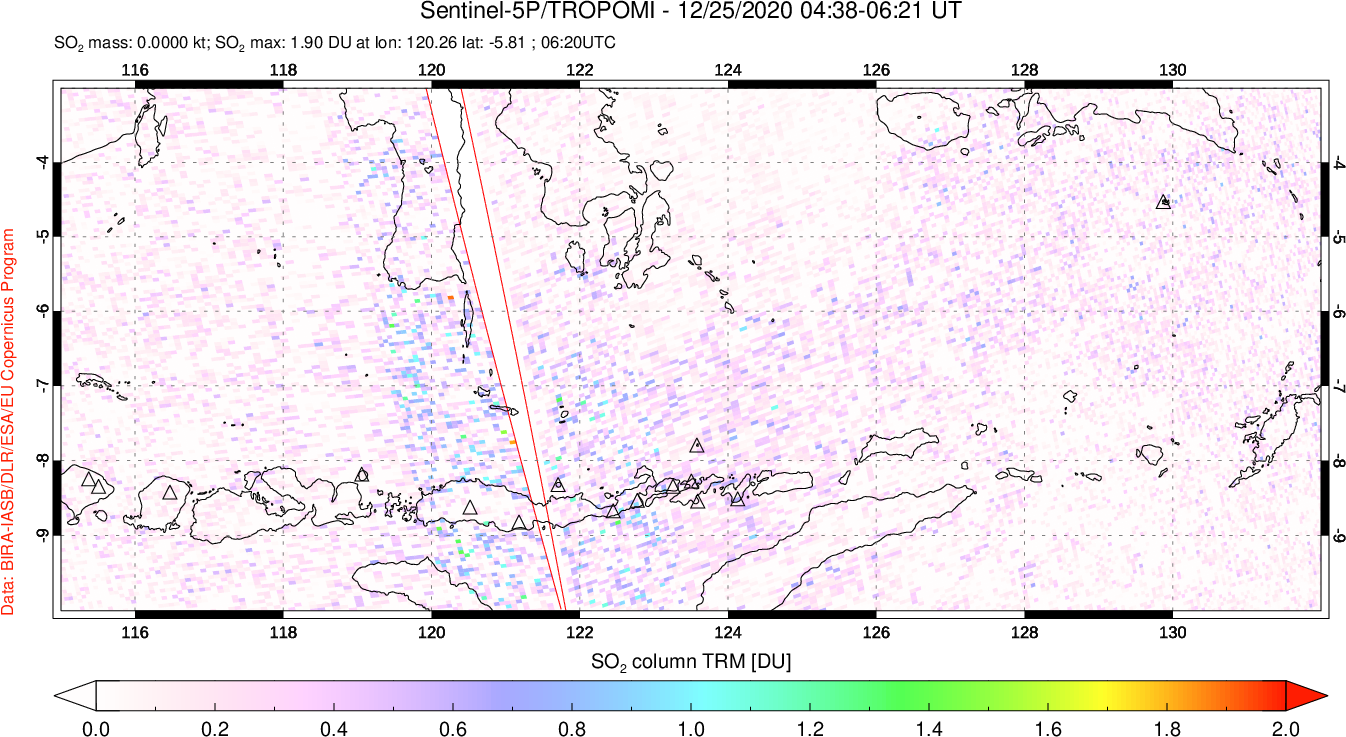 A sulfur dioxide image over Lesser Sunda Islands, Indonesia on Dec 25, 2020.