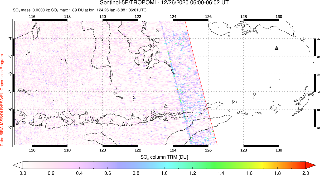 A sulfur dioxide image over Lesser Sunda Islands, Indonesia on Dec 26, 2020.
