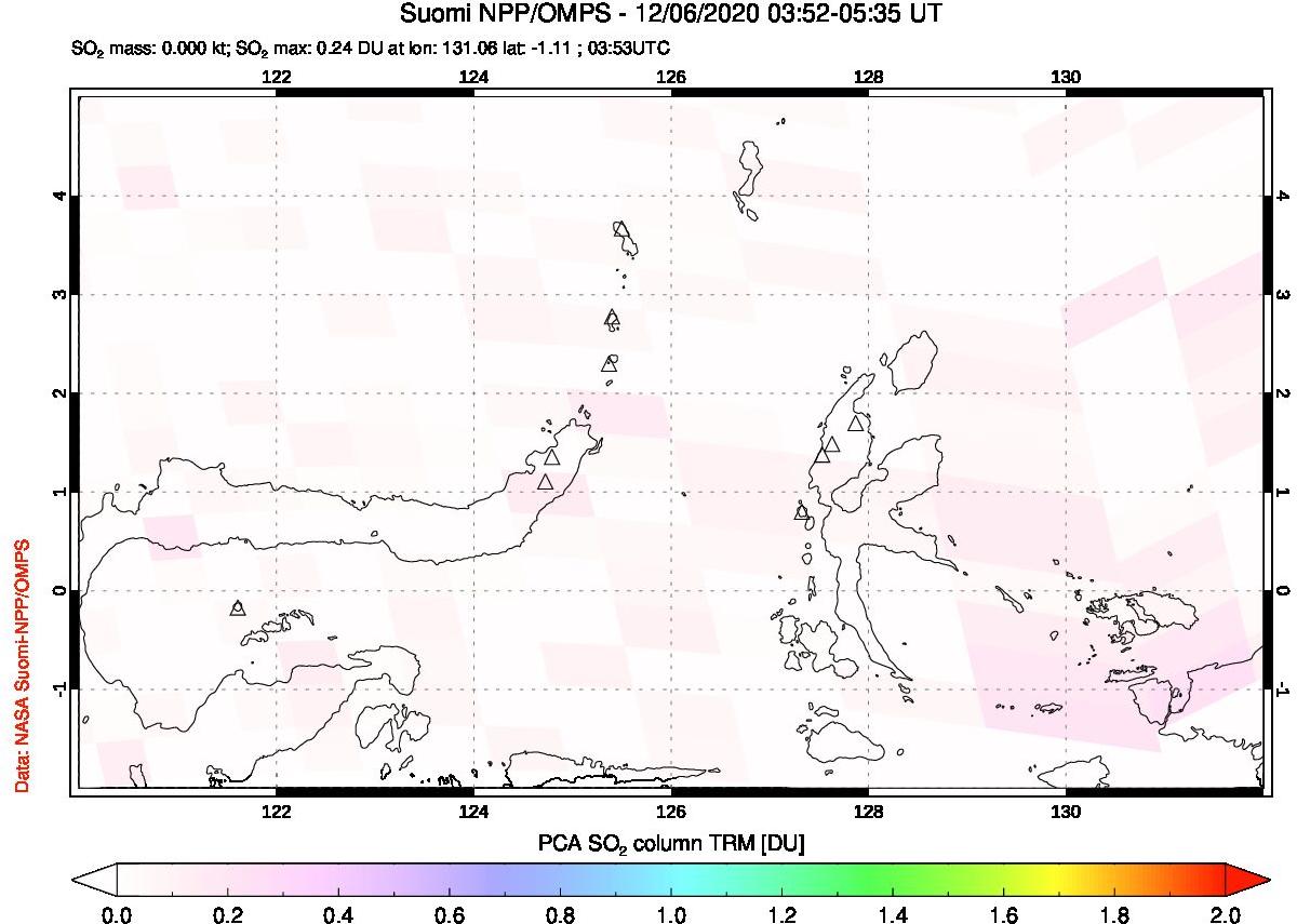 A sulfur dioxide image over Northern Sulawesi & Halmahera, Indonesia on Dec 06, 2020.