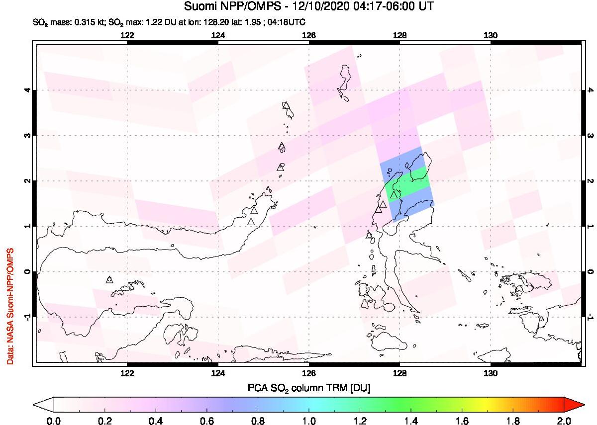 A sulfur dioxide image over Northern Sulawesi & Halmahera, Indonesia on Dec 10, 2020.