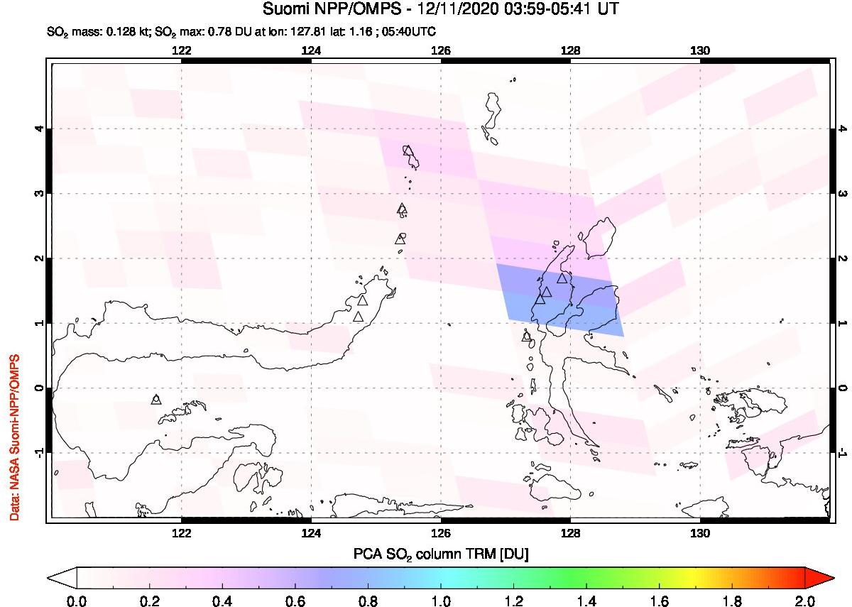 A sulfur dioxide image over Northern Sulawesi & Halmahera, Indonesia on Dec 11, 2020.