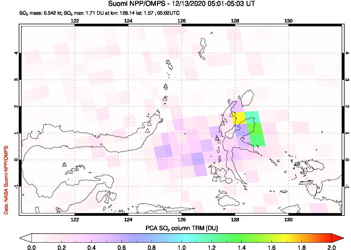 A sulfur dioxide image over Northern Sulawesi & Halmahera, Indonesia on Dec 13, 2020.