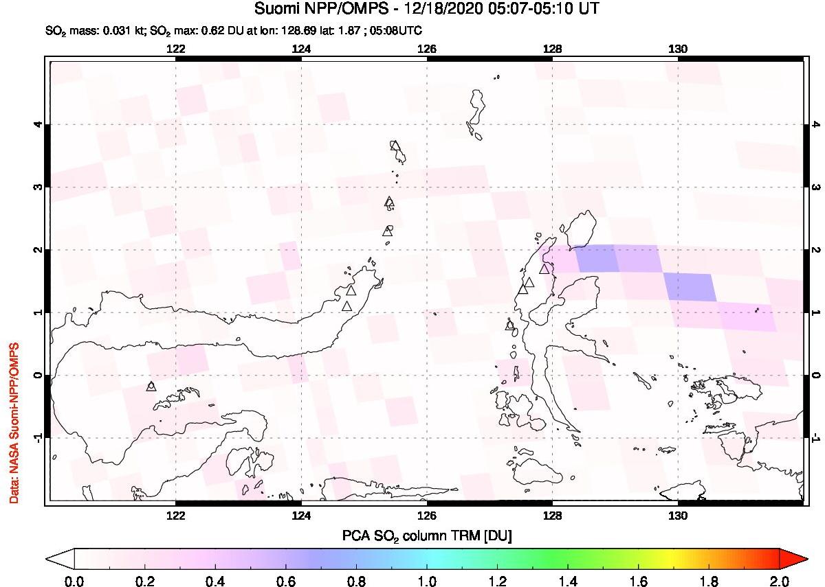 A sulfur dioxide image over Northern Sulawesi & Halmahera, Indonesia on Dec 18, 2020.