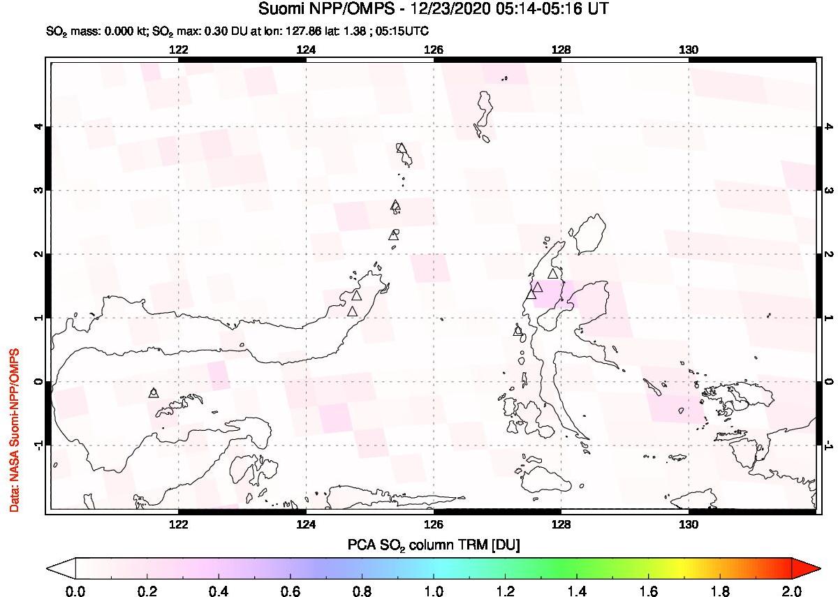 A sulfur dioxide image over Northern Sulawesi & Halmahera, Indonesia on Dec 23, 2020.