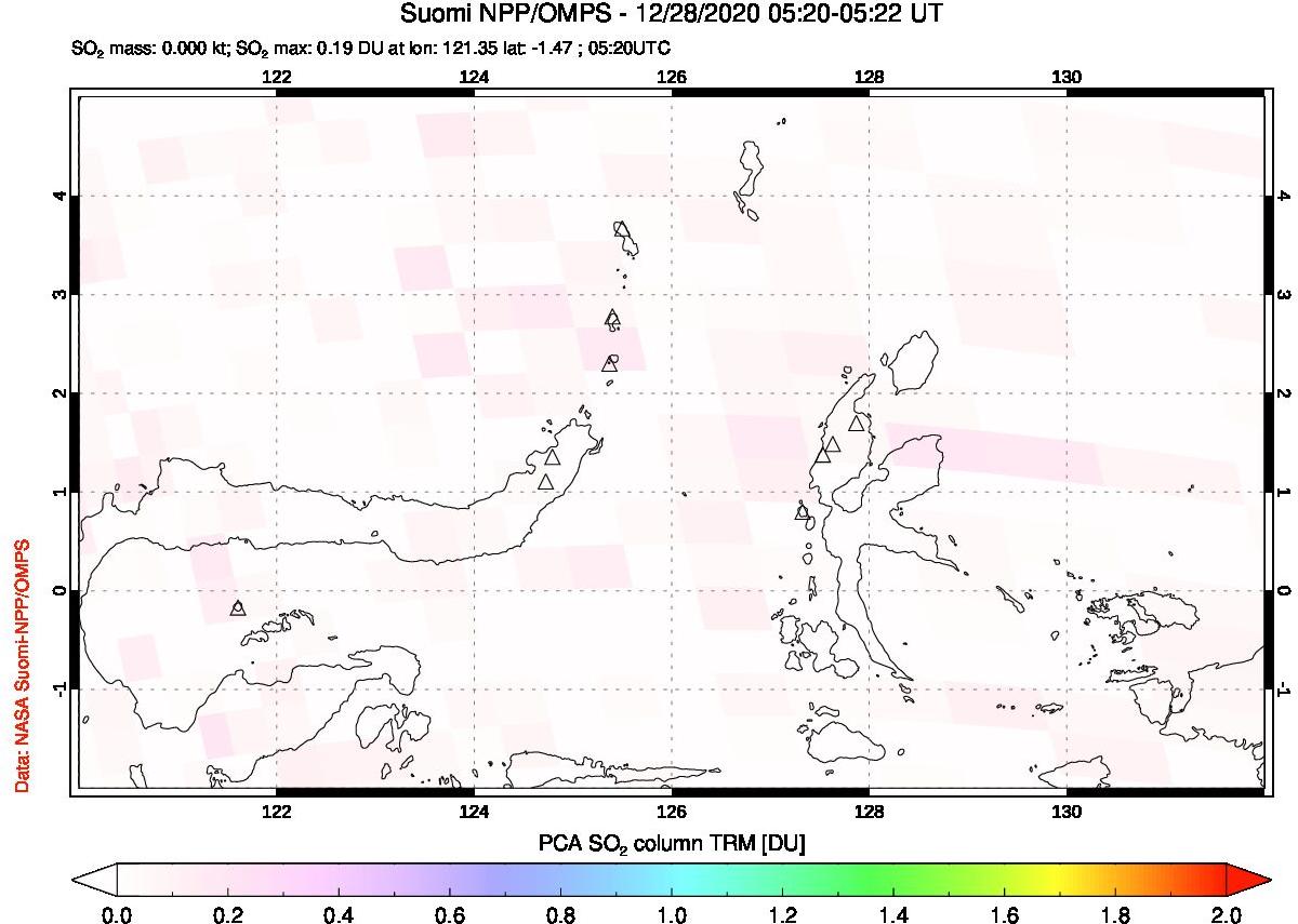 A sulfur dioxide image over Northern Sulawesi & Halmahera, Indonesia on Dec 28, 2020.