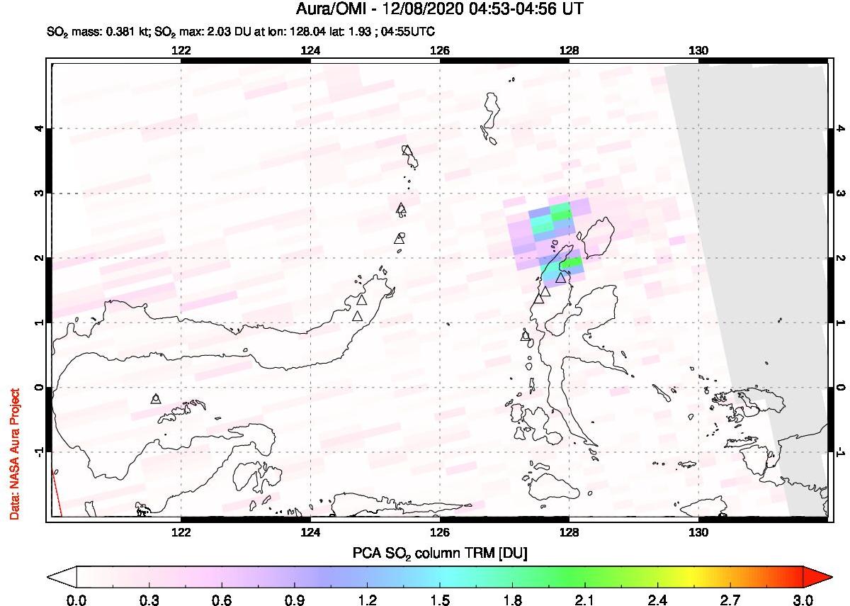 A sulfur dioxide image over Northern Sulawesi & Halmahera, Indonesia on Dec 08, 2020.