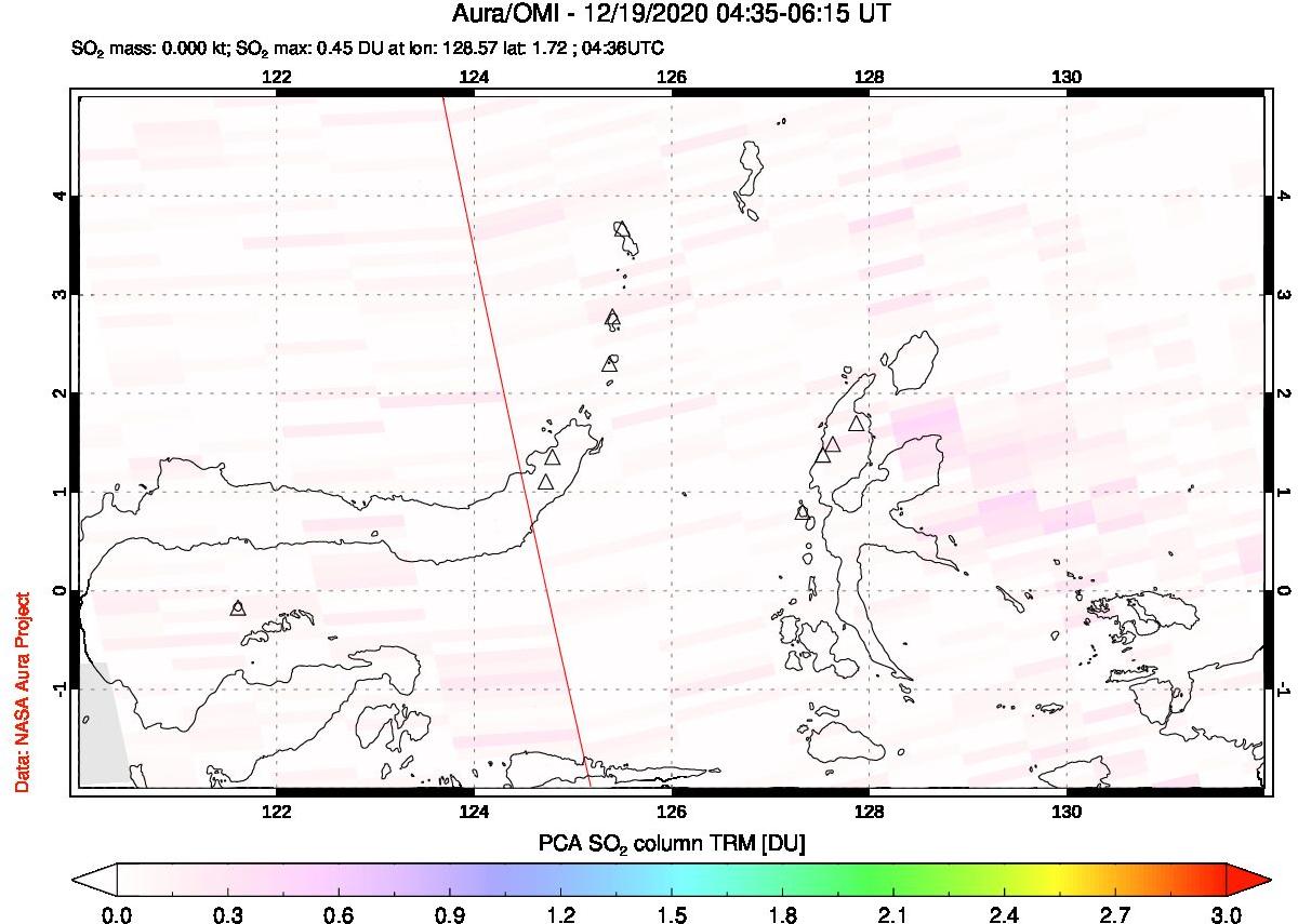 A sulfur dioxide image over Northern Sulawesi & Halmahera, Indonesia on Dec 19, 2020.