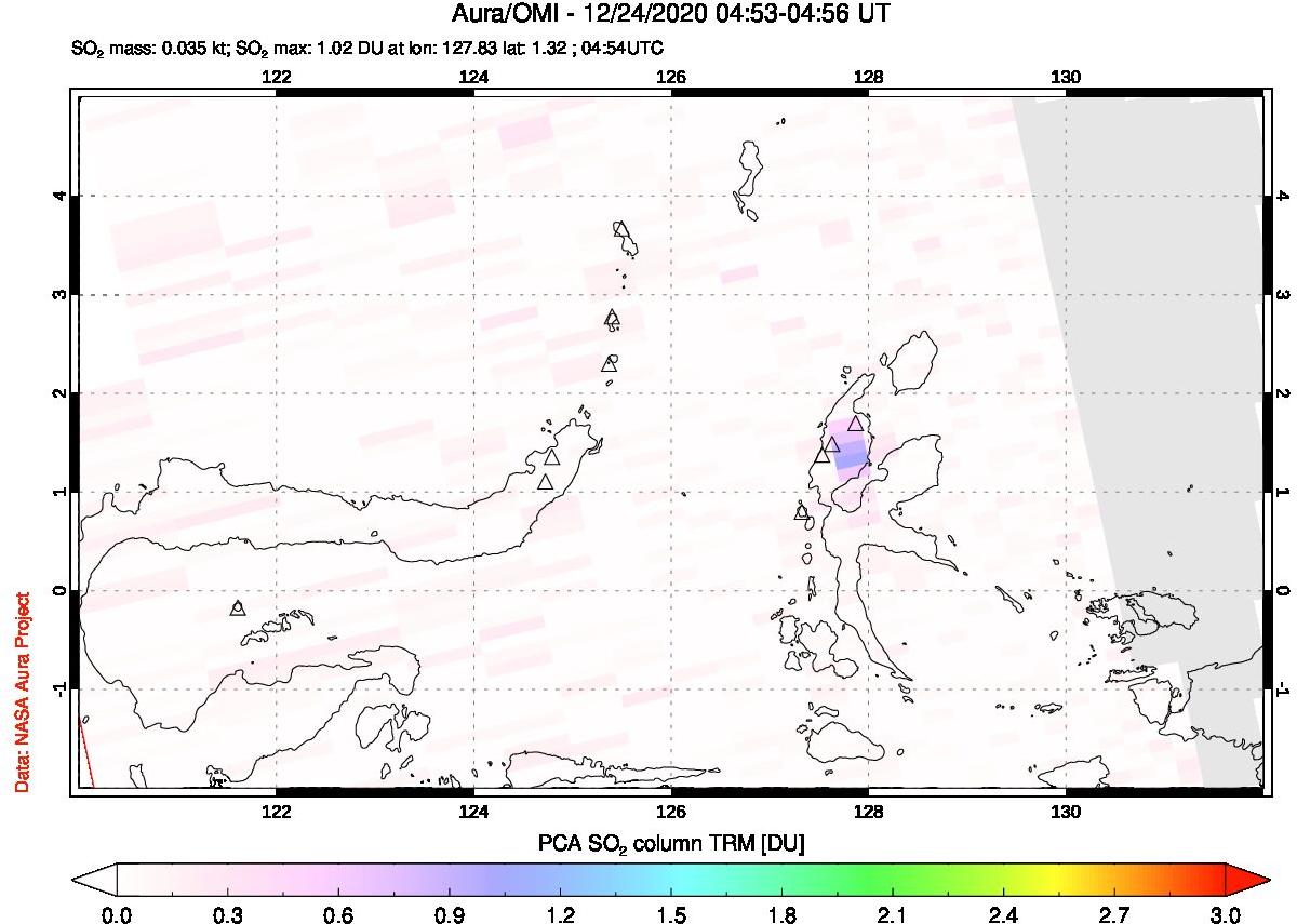 A sulfur dioxide image over Northern Sulawesi & Halmahera, Indonesia on Dec 24, 2020.