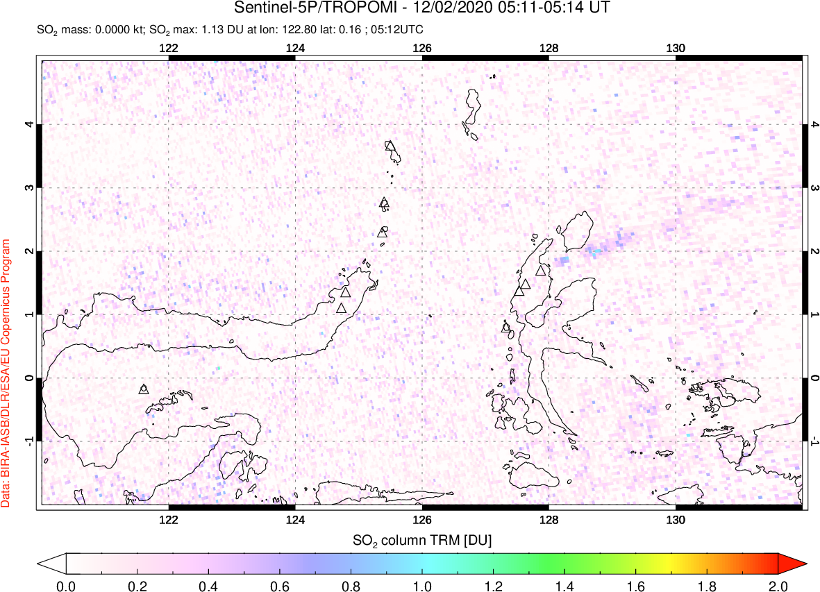 A sulfur dioxide image over Northern Sulawesi & Halmahera, Indonesia on Dec 02, 2020.