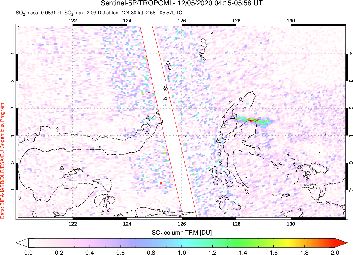 A sulfur dioxide image over Northern Sulawesi & Halmahera, Indonesia on Dec 05, 2020.