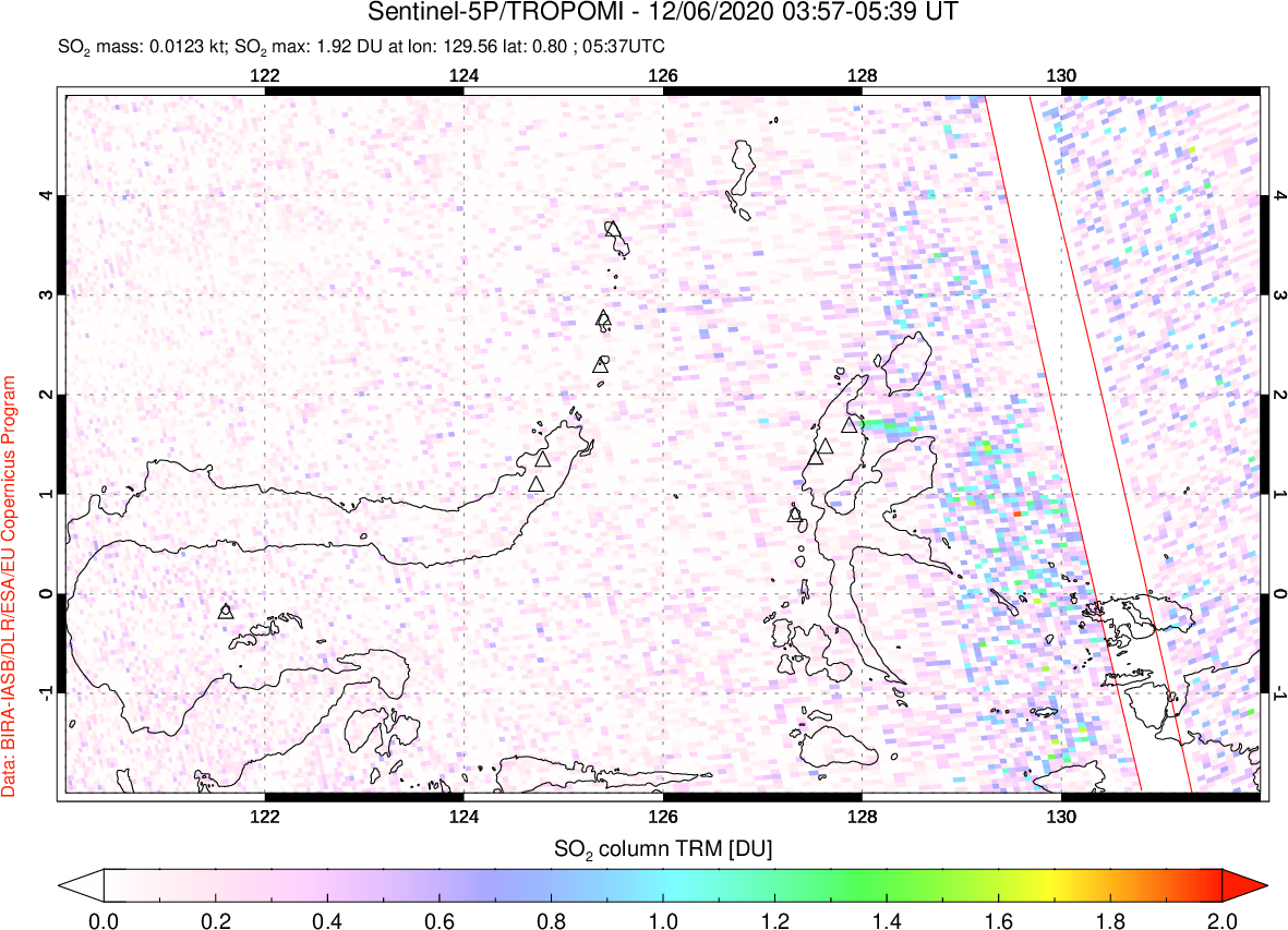 A sulfur dioxide image over Northern Sulawesi & Halmahera, Indonesia on Dec 06, 2020.