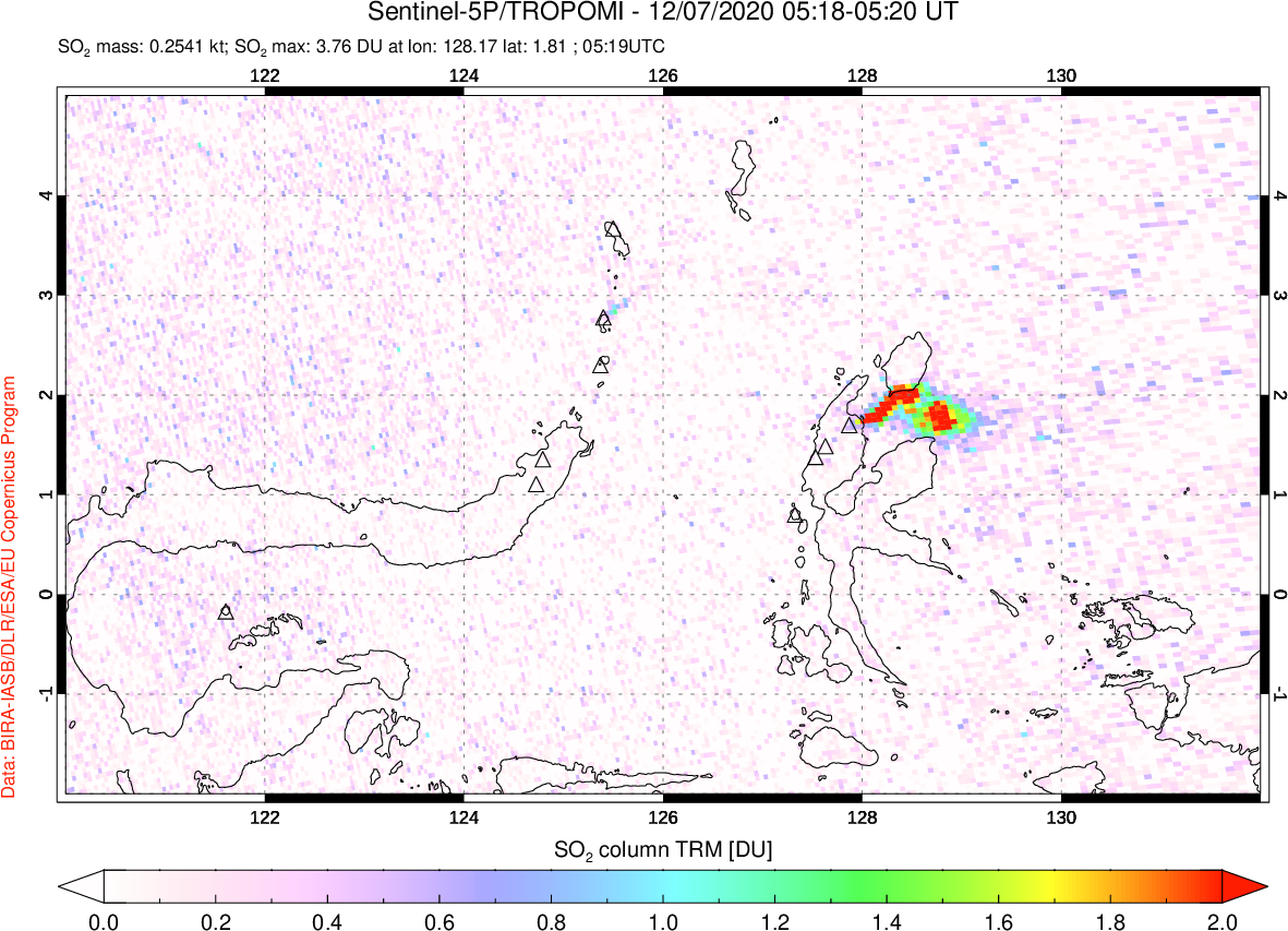 A sulfur dioxide image over Northern Sulawesi & Halmahera, Indonesia on Dec 07, 2020.
