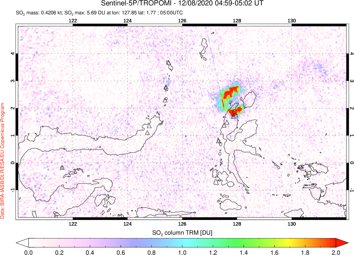 A sulfur dioxide image over Northern Sulawesi & Halmahera, Indonesia on Dec 08, 2020.
