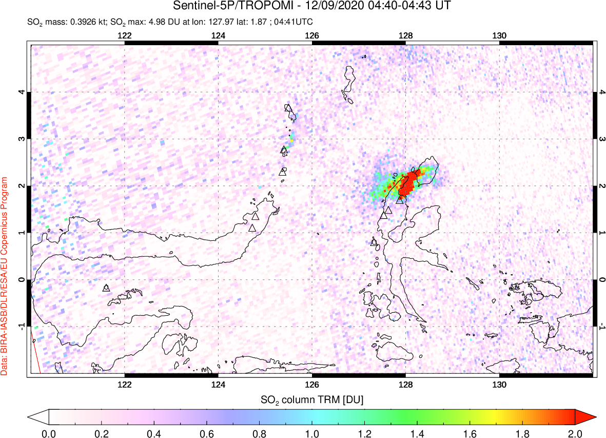 A sulfur dioxide image over Northern Sulawesi & Halmahera, Indonesia on Dec 09, 2020.