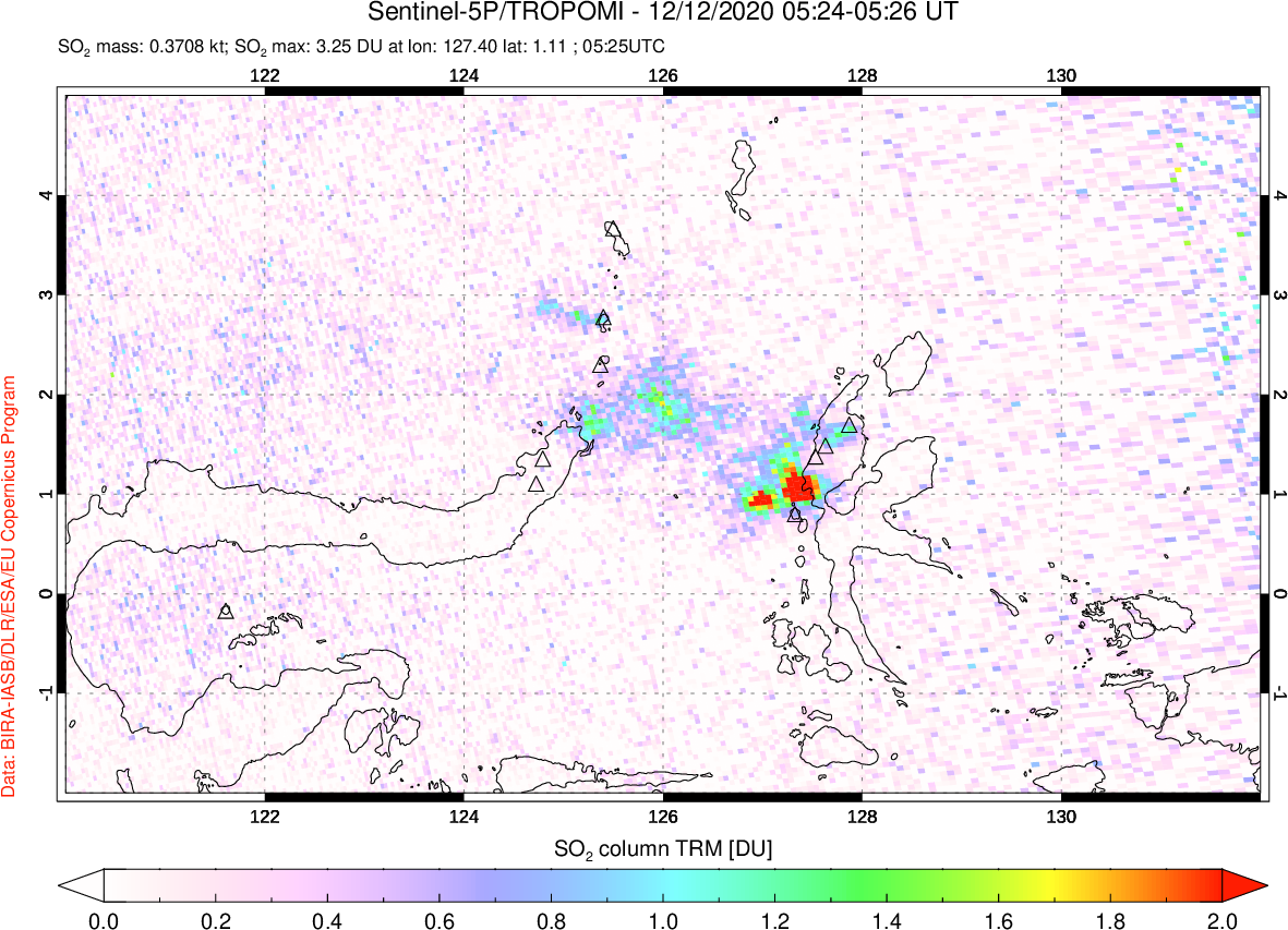 A sulfur dioxide image over Northern Sulawesi & Halmahera, Indonesia on Dec 12, 2020.