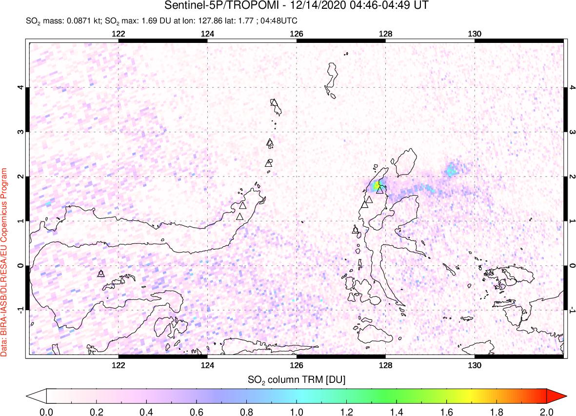 A sulfur dioxide image over Northern Sulawesi & Halmahera, Indonesia on Dec 14, 2020.