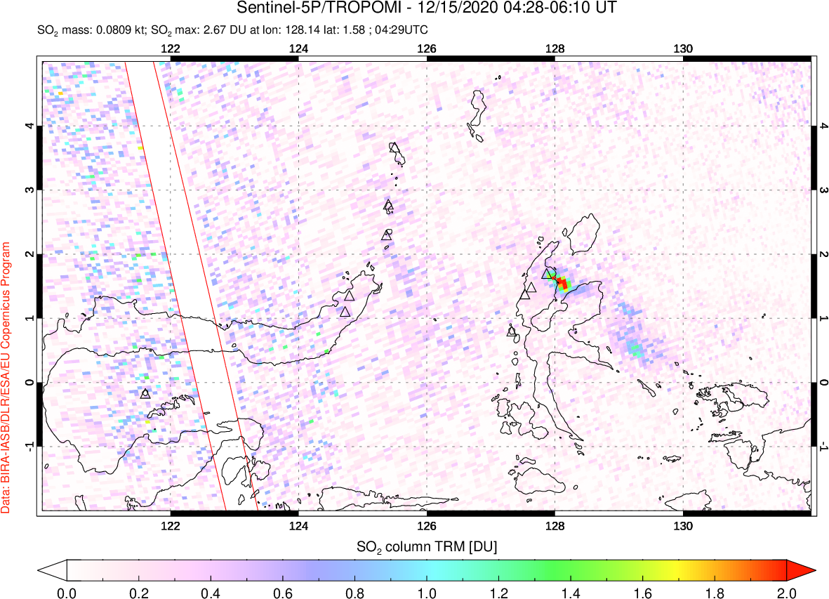 A sulfur dioxide image over Northern Sulawesi & Halmahera, Indonesia on Dec 15, 2020.