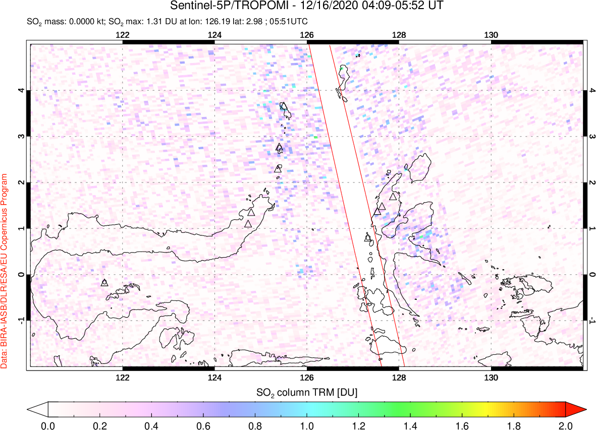 A sulfur dioxide image over Northern Sulawesi & Halmahera, Indonesia on Dec 16, 2020.