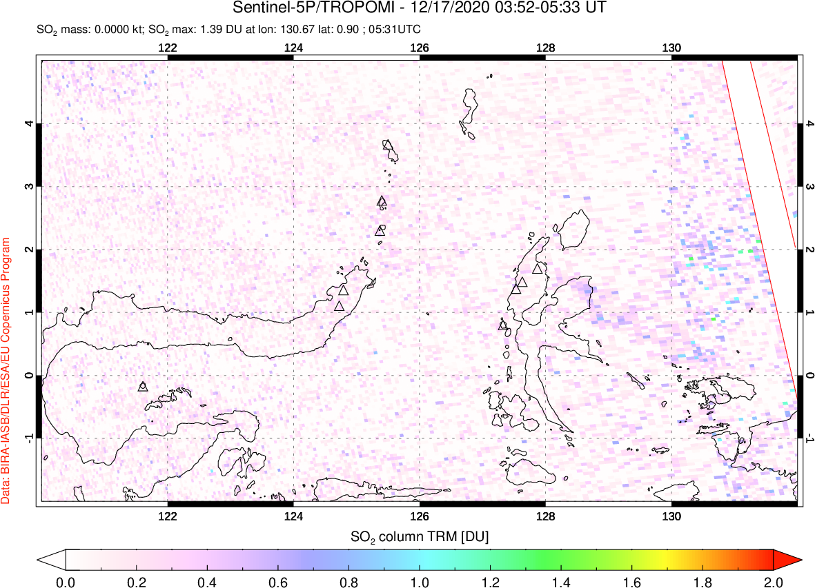A sulfur dioxide image over Northern Sulawesi & Halmahera, Indonesia on Dec 17, 2020.