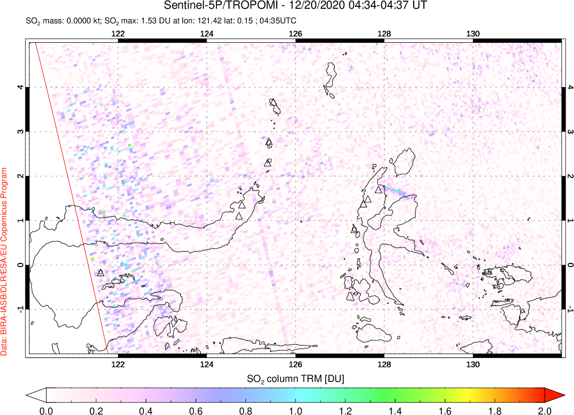 A sulfur dioxide image over Northern Sulawesi & Halmahera, Indonesia on Dec 20, 2020.