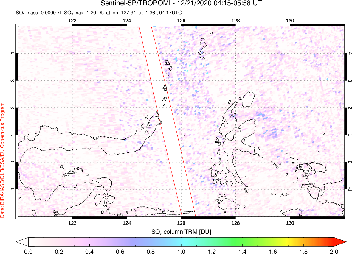 A sulfur dioxide image over Northern Sulawesi & Halmahera, Indonesia on Dec 21, 2020.