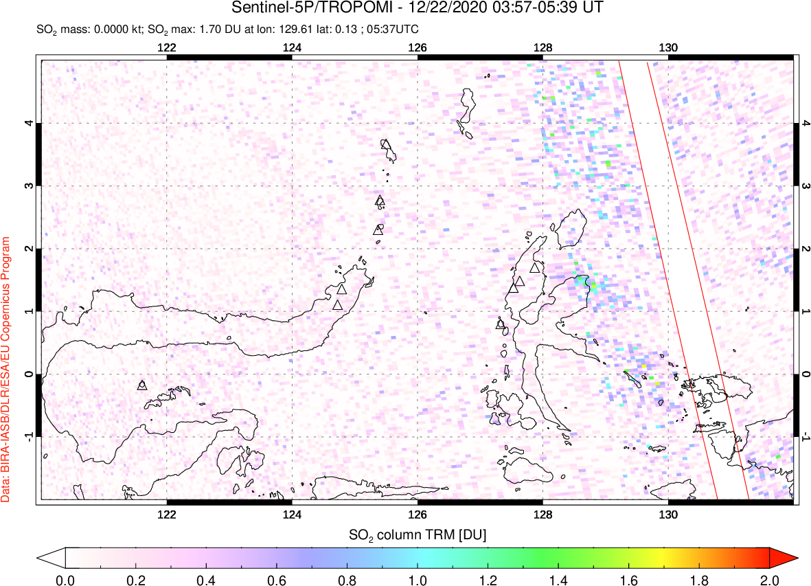 A sulfur dioxide image over Northern Sulawesi & Halmahera, Indonesia on Dec 22, 2020.