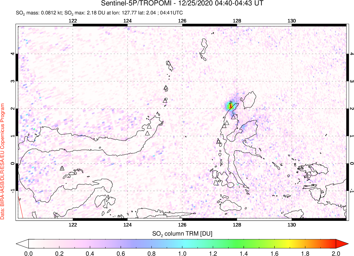A sulfur dioxide image over Northern Sulawesi & Halmahera, Indonesia on Dec 25, 2020.