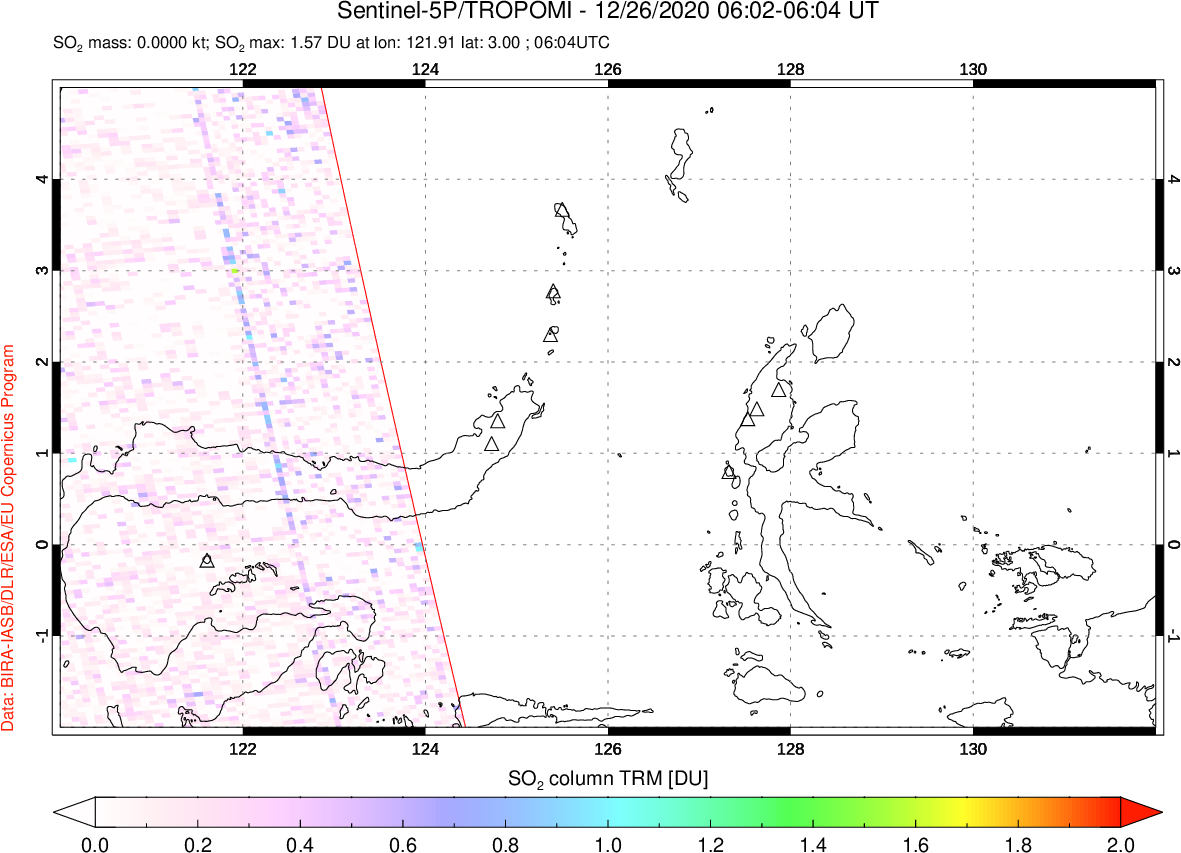 A sulfur dioxide image over Northern Sulawesi & Halmahera, Indonesia on Dec 26, 2020.