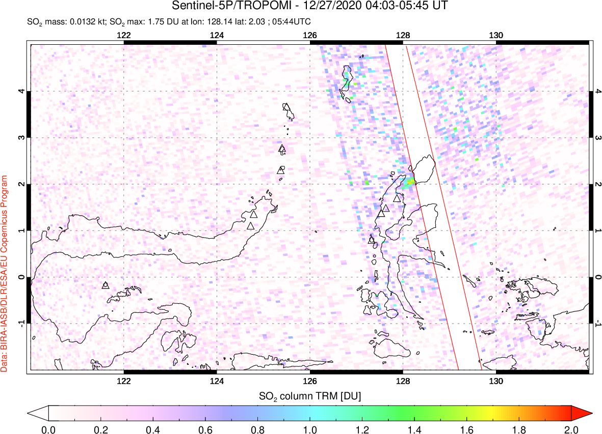 A sulfur dioxide image over Northern Sulawesi & Halmahera, Indonesia on Dec 27, 2020.