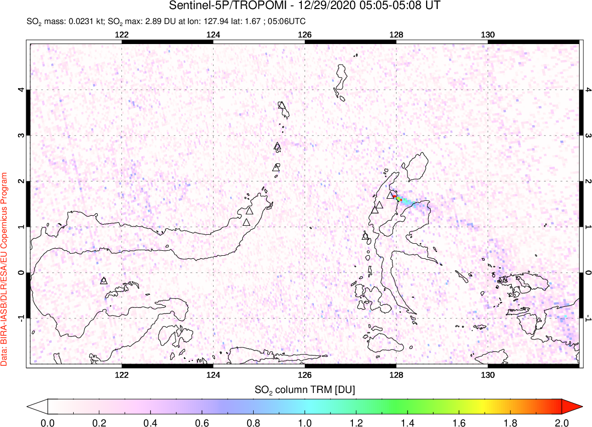 A sulfur dioxide image over Northern Sulawesi & Halmahera, Indonesia on Dec 29, 2020.