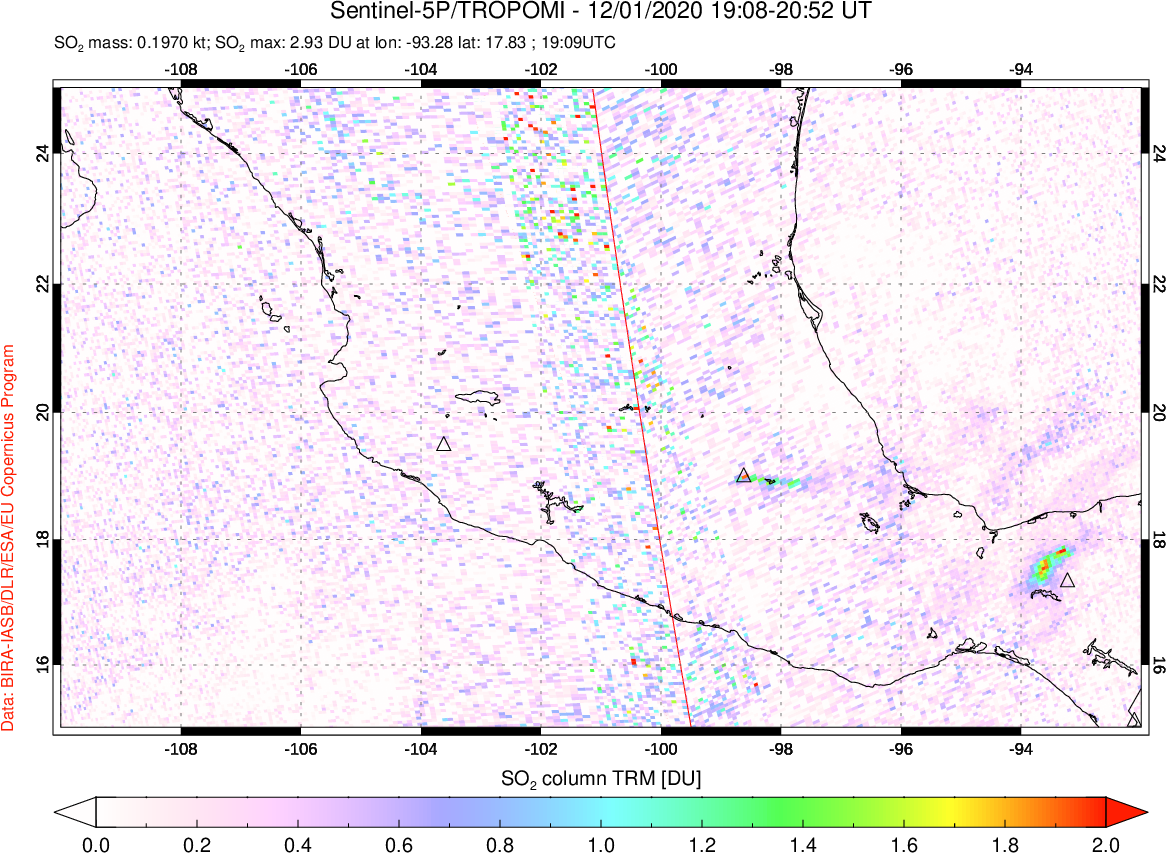 A sulfur dioxide image over Mexico on Dec 01, 2020.