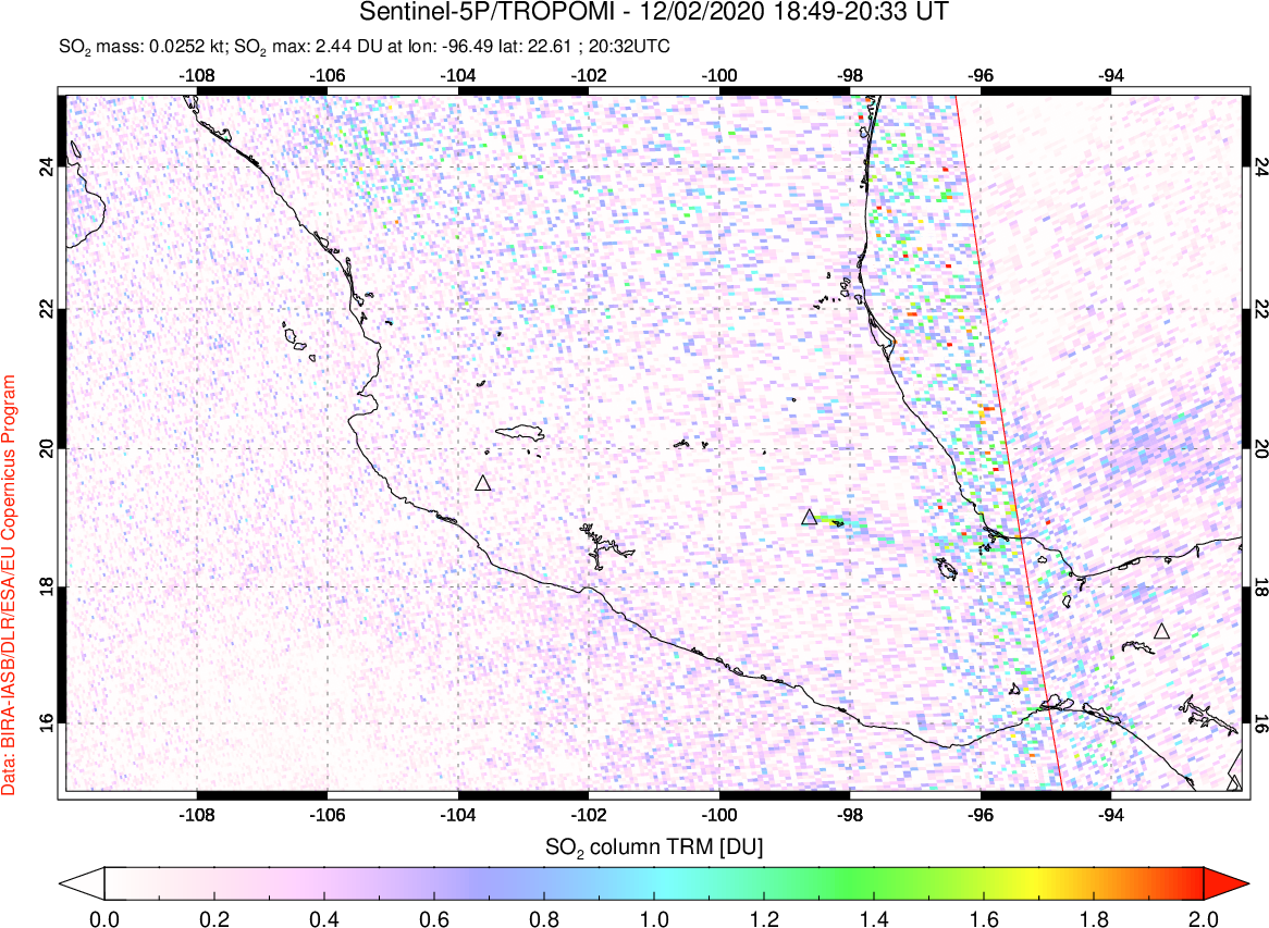 A sulfur dioxide image over Mexico on Dec 02, 2020.