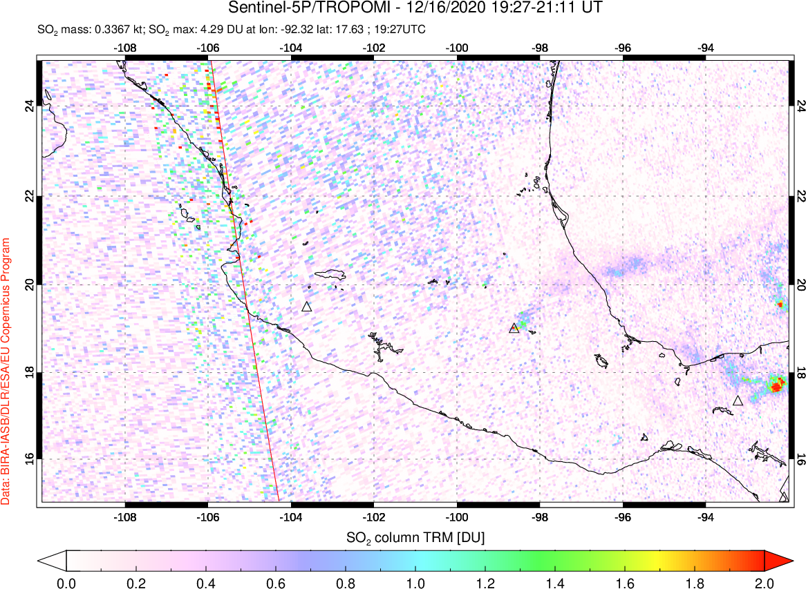 A sulfur dioxide image over Mexico on Dec 16, 2020.