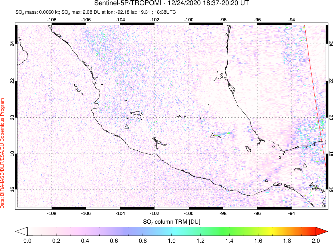 A sulfur dioxide image over Mexico on Dec 24, 2020.