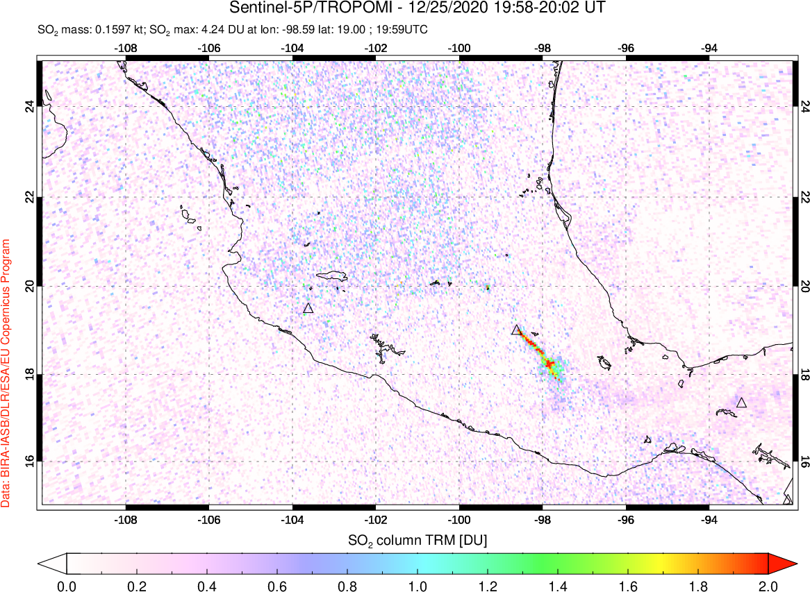 A sulfur dioxide image over Mexico on Dec 25, 2020.