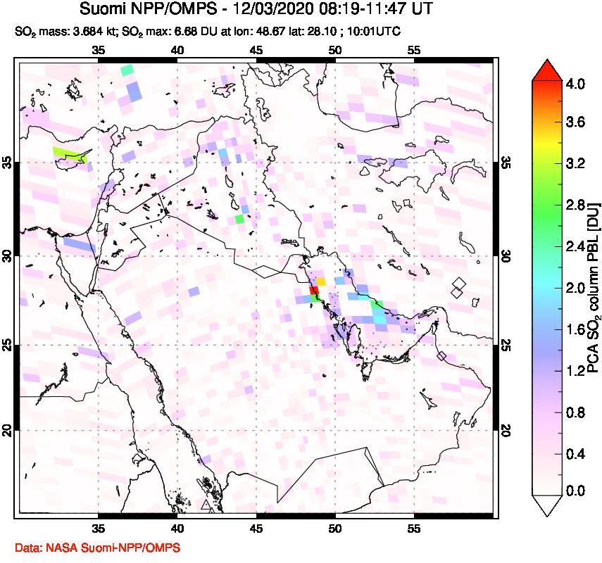 A sulfur dioxide image over Middle East on Dec 03, 2020.