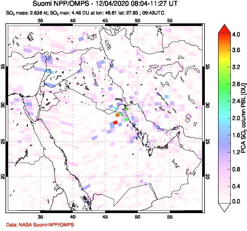 A sulfur dioxide image over Middle East on Dec 04, 2020.