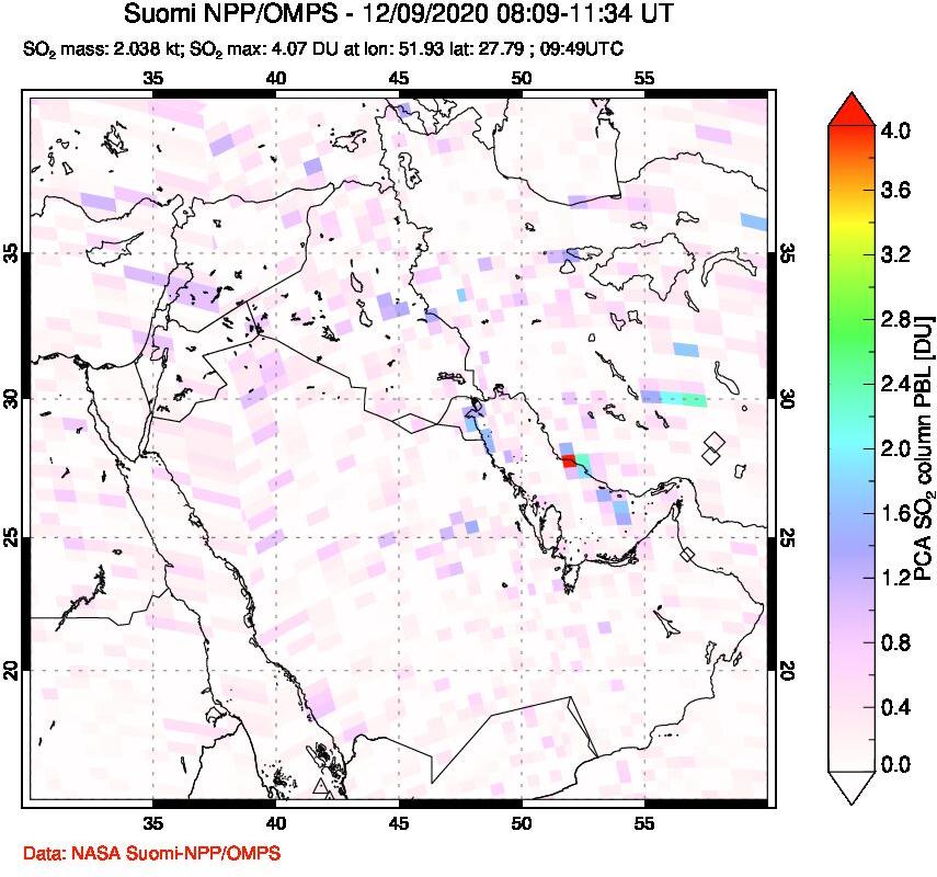 A sulfur dioxide image over Middle East on Dec 09, 2020.