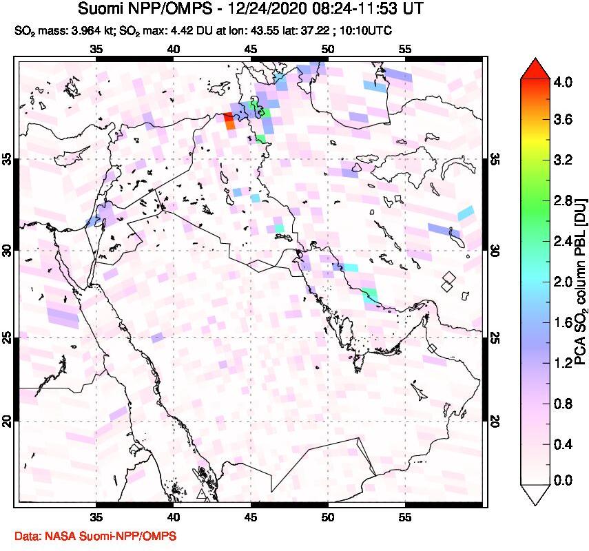 A sulfur dioxide image over Middle East on Dec 24, 2020.