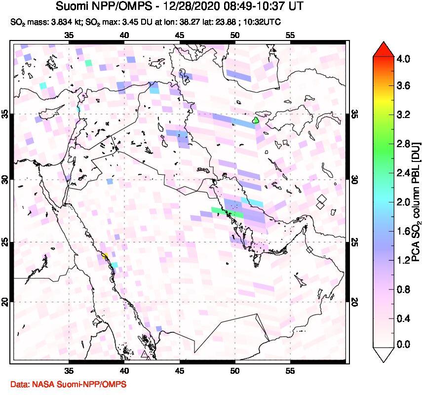 A sulfur dioxide image over Middle East on Dec 28, 2020.