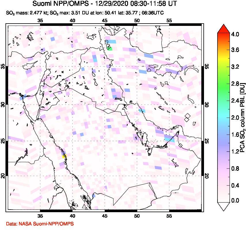 A sulfur dioxide image over Middle East on Dec 29, 2020.