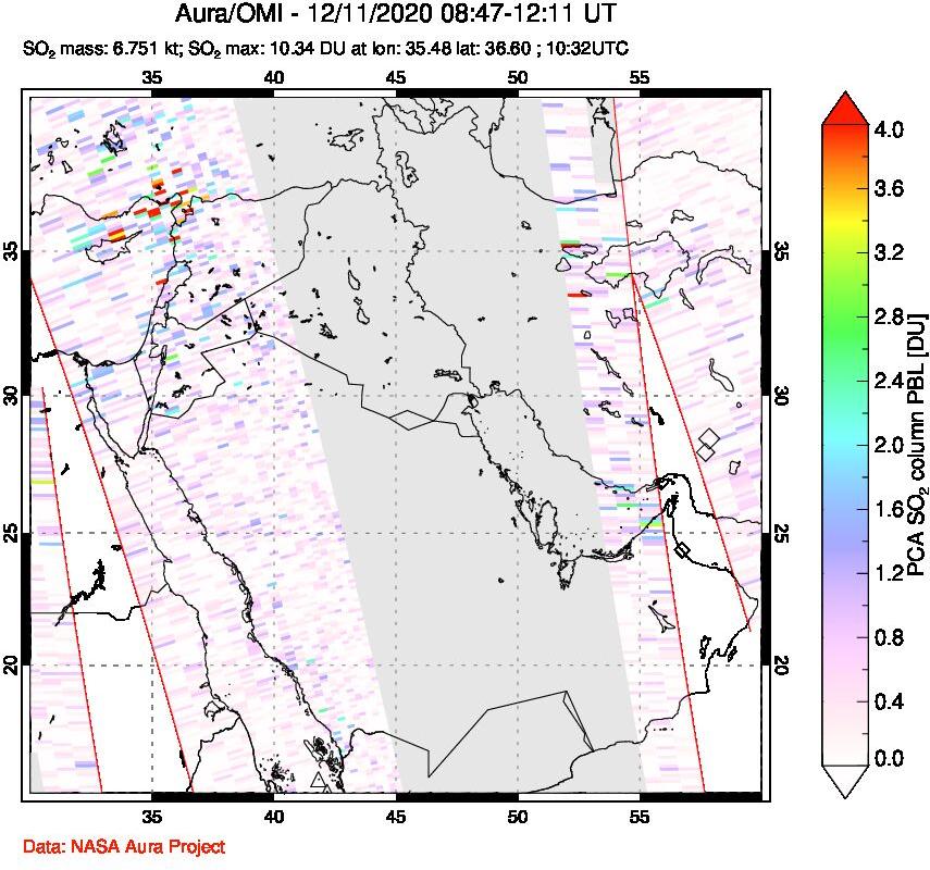 A sulfur dioxide image over Middle East on Dec 11, 2020.