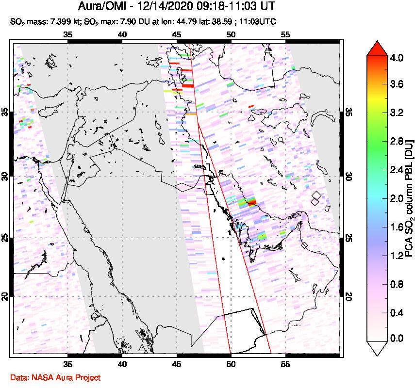 A sulfur dioxide image over Middle East on Dec 14, 2020.