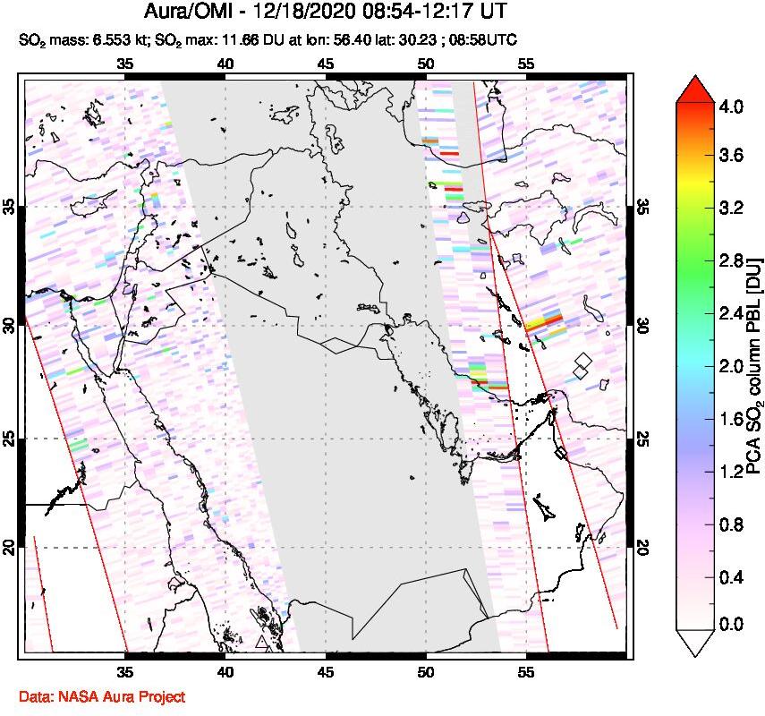 A sulfur dioxide image over Middle East on Dec 18, 2020.
