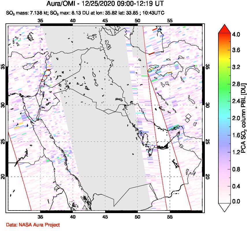 A sulfur dioxide image over Middle East on Dec 25, 2020.