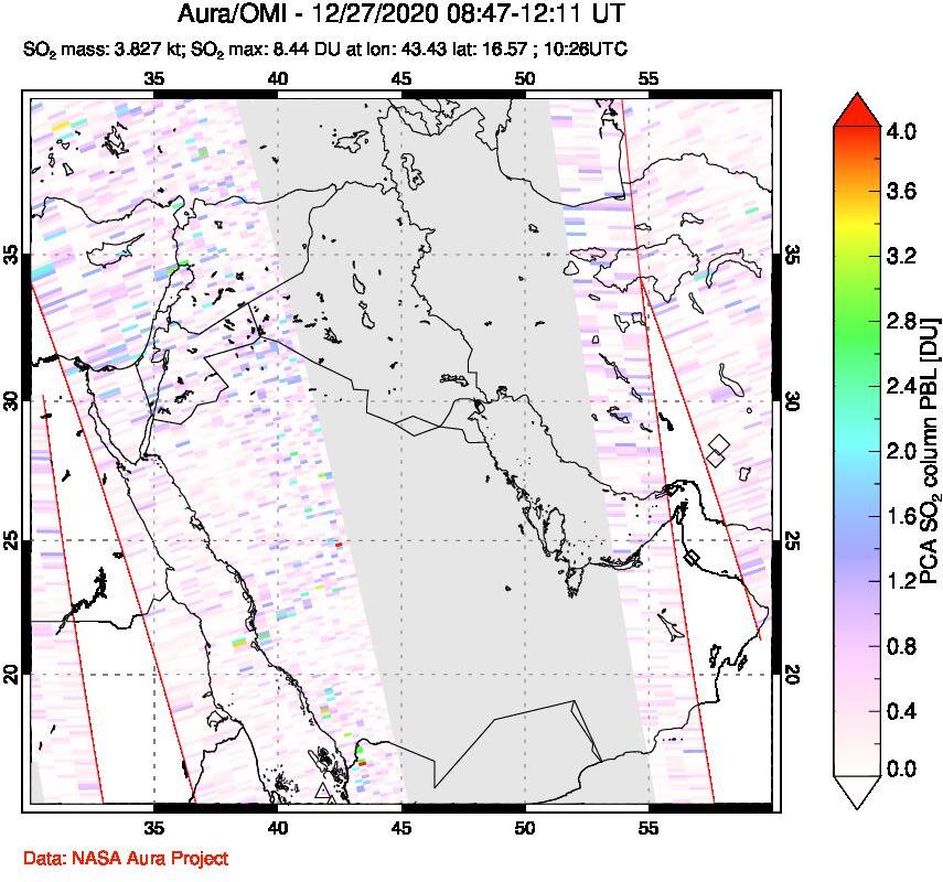 A sulfur dioxide image over Middle East on Dec 27, 2020.